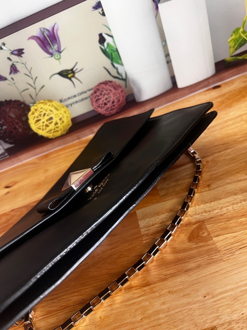 Kate Spade New York Black Leather Clutch Bag with Shoulder Strap and Bow Accent - Picture 12 of 14